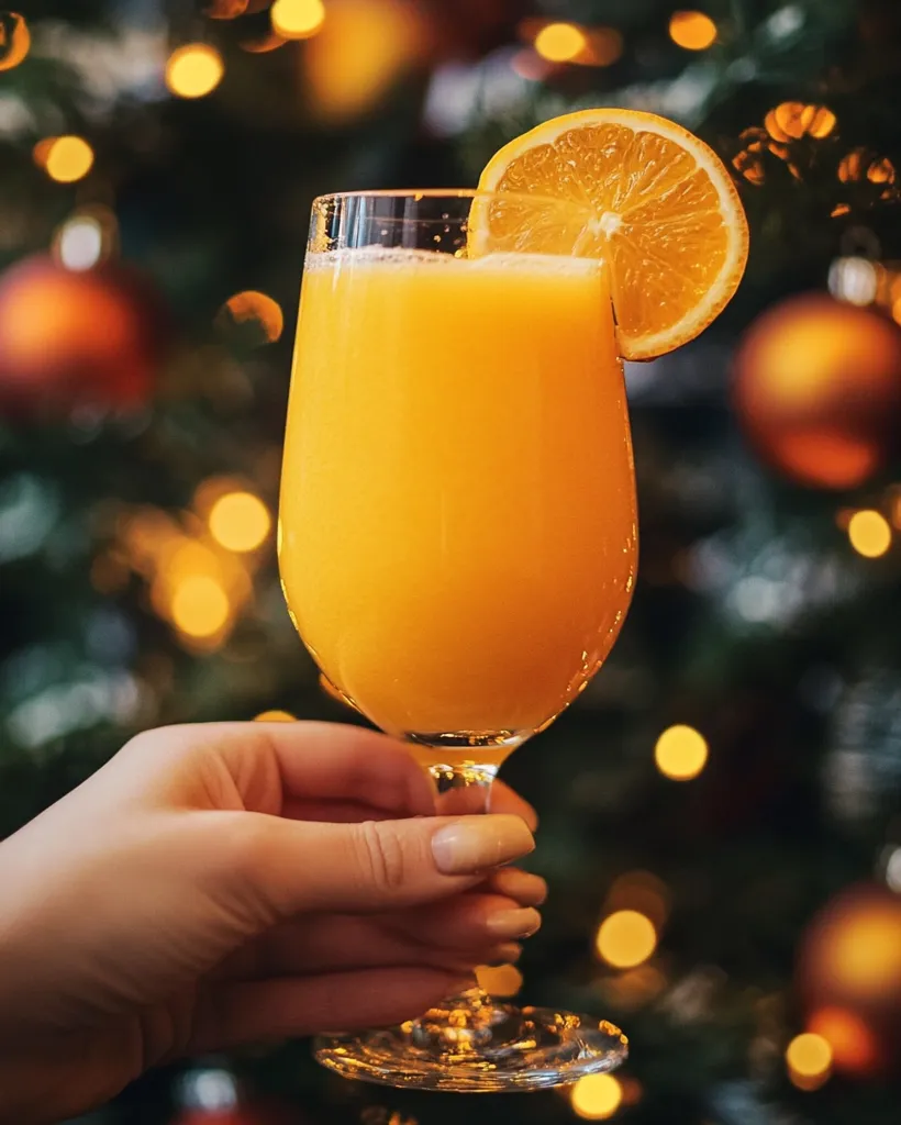 A hand delicately holds a stemmed glass filled with bright orange juice.  A slice of orange rests on the rim, adding a festive touch. The background is blurred, showcasing a Christmas tree adorned with warm, golden lights, creating a cozy and celebratory atmosphere. The image evokes feelings of warmth, joy, and holiday cheer.