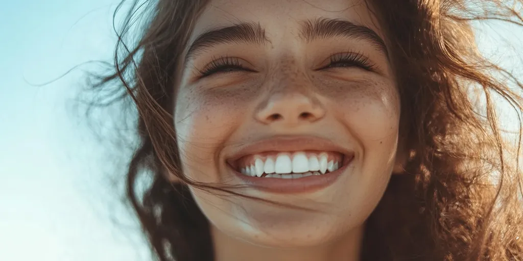 Here's a description of the image:

Close-up view of a young woman with long, brown, slightly wavy hair blowing in the wind. Her face is turned slightly upward, and she's smiling broadly, revealing a bright, white, even set of teeth.  She has light skin with visible freckles across her cheeks and nose. The background is a soft, out-of-focus light blue, suggesting an outdoor setting. The overall impression is one of youthful joy and carefree happiness.