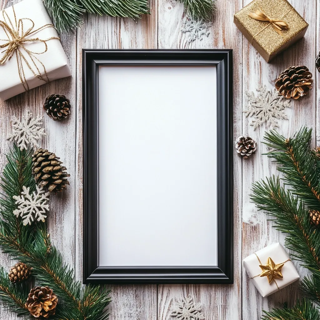 Here's a description of the image:

A flat lay photograph showcases a black picture frame with a blank white insert, centrally positioned against a rustic whitewashed wooden background.  The frame is surrounded by Christmas decorations: sprigs of pine, pine cones, small wrapped gifts in gold and white, and glittering snowflake ornaments. The overall aesthetic is minimalist and festive, suggesting a holiday-themed template or invitation.  The color palette is muted, with the gold and silver accents adding a touch of sparkle.