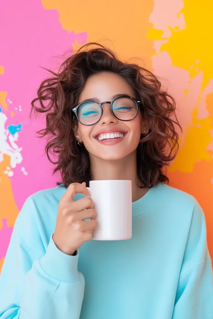 A young woman with curly brown hair and round glasses smiles broadly while holding a white mug.  She's wearing a light blue sweatshirt. The backdrop is a vibrant, abstract wall featuring splashes of pink, orange, and yellow paint. Her joyful expression and relaxed posture convey a sense of happiness and contentment. The overall image is bright, cheerful, and trendy.