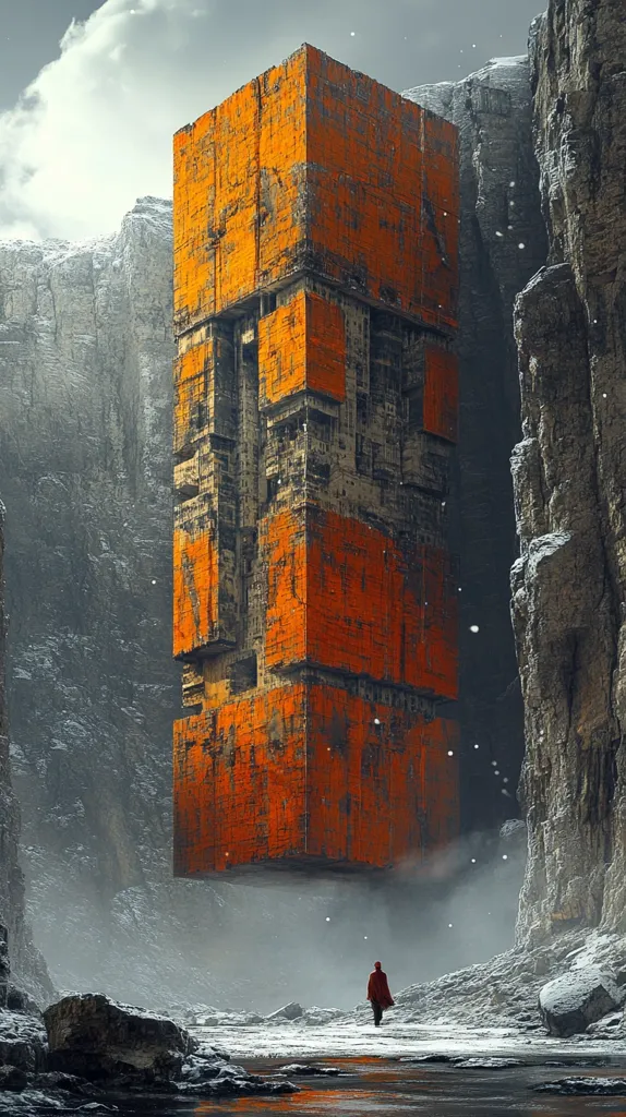 A massive, rust-orange, cube-shaped structure hovers between snow-dusted, rocky cliffs.  Its intricate, layered design suggests an ancient, possibly decaying, technology.  A lone figure in a red cloak walks a snowy path below, dwarfed by the imposing edifice.  The scene is atmospheric, suggesting a desolate, yet mysterious landscape, with falling snow adding to the sense of isolation and wonder.