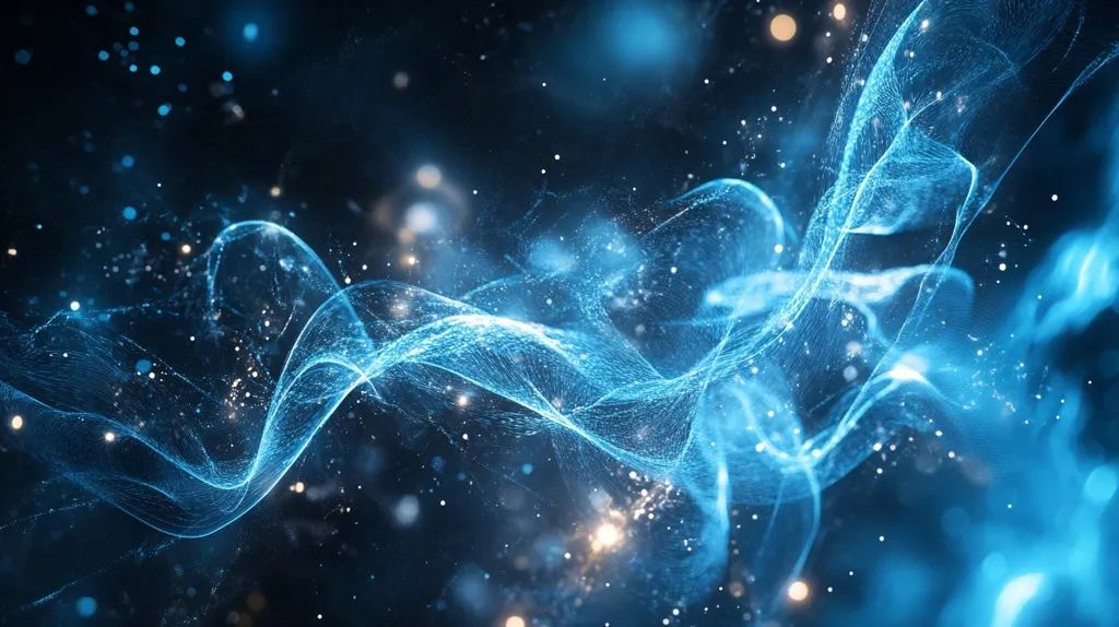 The image is an abstract representation of flowing energy or data.  Intricate, luminous blue waves, resembling smoke or a network of particles, drift across a dark background speckled with glittering points of light. The overall effect is ethereal and dynamic, suggesting movement and connectivity. The blue hues and shimmering particles create a sense of depth and mystery.