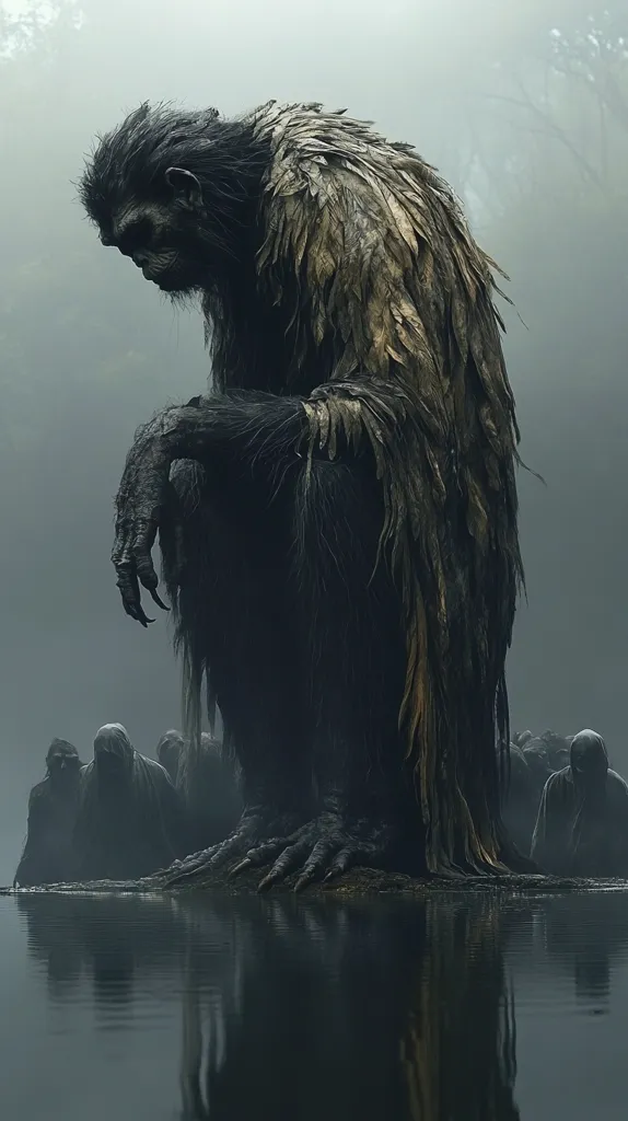 A massive, ape-like creature, cloaked in dark, feather-like material, sits hunched over by a still body of water.  Its posture conveys sorrow or weariness.  The creature has large, clawed hands and feet.  In the background, a group of cloaked figures stand indistinctly in the mist, creating an eerie and mysterious atmosphere. The overall tone is dark, somber, and fantastical.