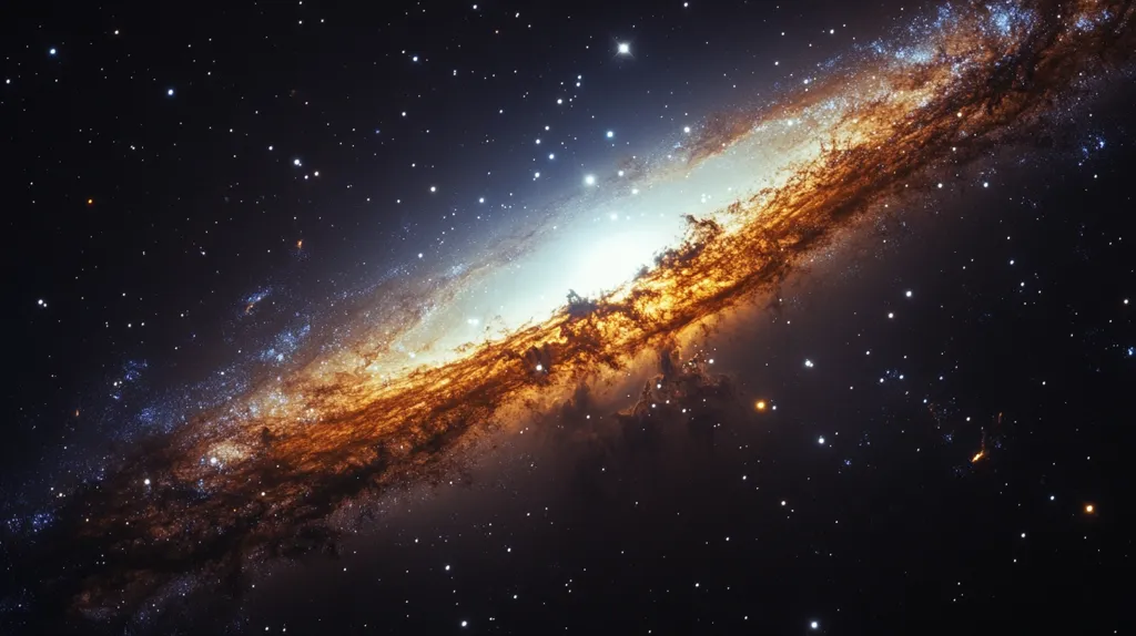 Here's a description of the image:

The image is a breathtaking view of a spiral galaxy, its arm ablaze with vibrant orange and gold hues.  A bright, luminous core radiates light, contrasting with the darker, cooler blues and purples at the edges.  Countless stars pepper the dark expanse of space surrounding the galaxy, their tiny pinpricks of light adding to the cosmic grandeur. The overall effect is one of immense scale, beauty, and the awe-inspiring vastness of the universe.