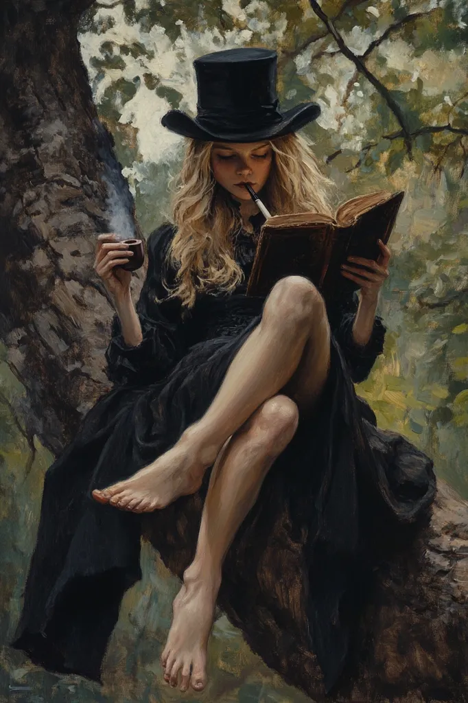 A painting depicts a young woman with long blonde hair, wearing a black dress and top hat, sitting barefoot on a tree branch.  She holds a book and a small cup in her hands, a smoking pipe resting between her lips. The setting appears to be a wooded area, with dappled sunlight filtering through the leaves. The overall style is realistic with a slightly dark and romantic atmosphere.  The woman's expression is serene, and her pose suggests contemplation.