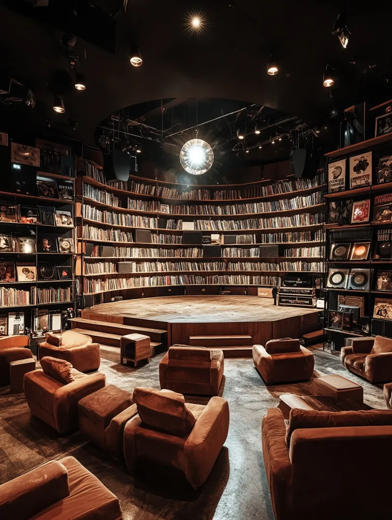 A circular room is filled with floor-to-ceiling bookshelves, packed with vinyl records and books. A small, raised stage occupies the center. Comfortable brown armchairs are arranged around the perimeter, creating a cozy and intimate atmosphere. A disco ball hangs from the ceiling, adding a touch of unexpected glamour to the otherwise studious setting. The overall ambiance is warm, inviting, and eclectic.  The lighting is subdued, highlighting the rich textures and colors of the space.