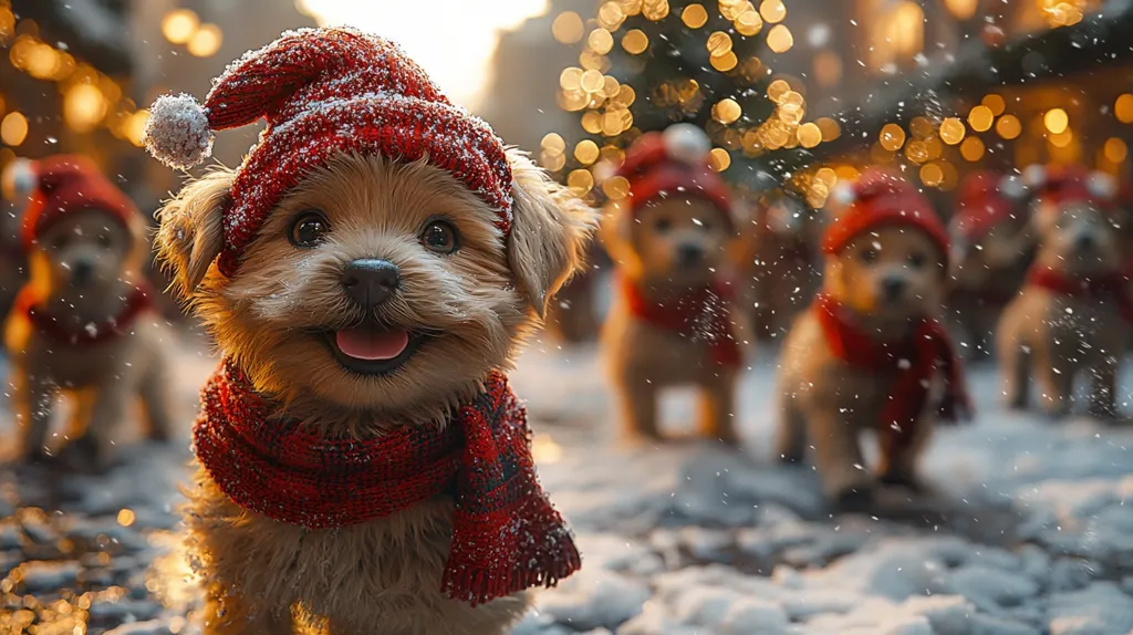 A fluffy, light brown puppy, wearing a red knitted hat and scarf, smiles happily at the camera.  Snow falls gently around it and several other similarly adorned puppies are visible in the softly blurred background, creating a charming, festive scene. A brightly lit Christmas tree is also visible in the distance, enhancing the holiday atmosphere. The overall image is warm and inviting.