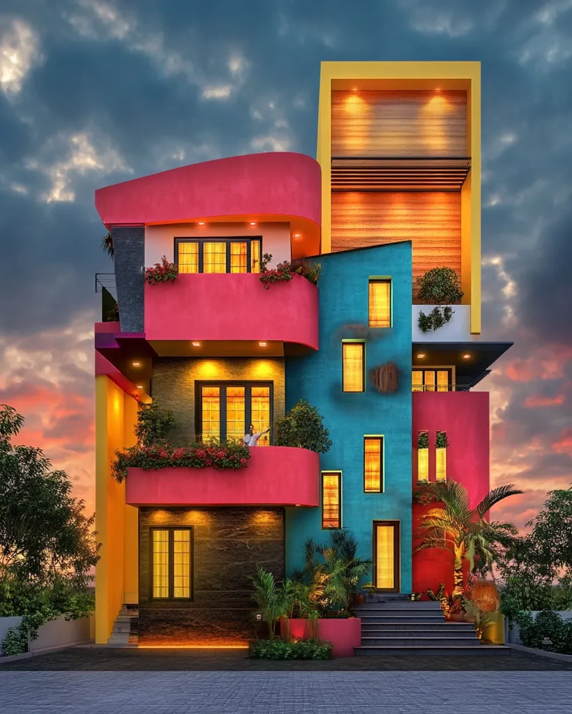 This is a digitally rendered image of a vibrant, multi-story house.  The architecture is modern and playful, with a bold color scheme featuring pink, teal, yellow, and dark grey.  Balconies with potted plants add to the home's whimsical character. The house is illuminated from within, casting a warm glow against the twilight sky.  Landscaping, including palm trees and shrubs, softens the structure's sharp lines, creating an inviting atmosphere.  A person is visible on one of the balconies, adding a sense of scale.