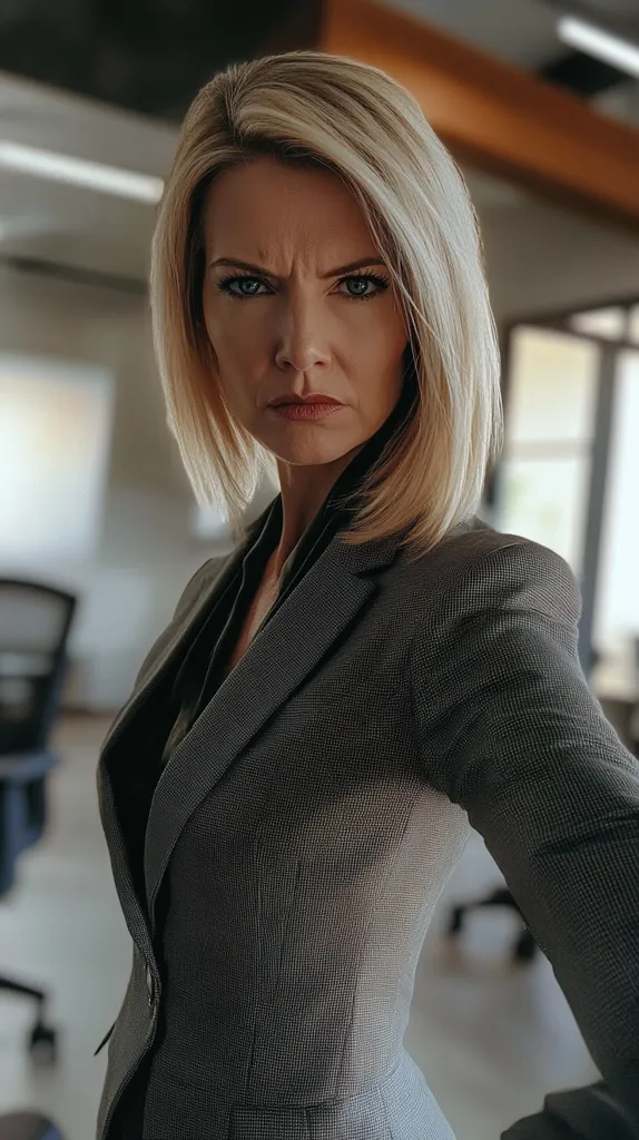 A blonde woman with a serious expression is captured in a close-up shot. Her short, blonde hair frames her face, which is marked by a furrowed brow and tightly pressed lips. She's dressed in a sophisticated, dark grey business suit, the texture of which is clearly visible. The background is blurred, suggesting an office setting with chairs and windows, creating a professional ambiance. Her posture and facial features convey determination or possibly displeasure. The overall image suggests a powerful and possibly stern personality.