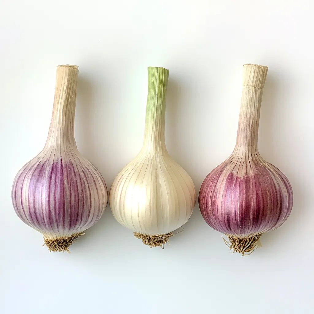 Three bulbs of garlic are arranged in a row against a white background.  The garlic bulbs vary in color: one is a pale creamy off-white, while the other two display varying shades of purple stripes running vertically down their bulbs.  They are positioned neatly, showcasing their size and the subtle color differences. The image is simple and clean, with a focus on the fresh produce.