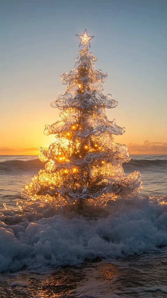 Here's a description of the image:

A captivating image depicts a crystalline Christmas tree, seemingly sculpted from water or ice, standing in the ocean at sunset.  The tree is adorned with warm, golden lights, which glow brightly against the darkening sky.  Gentle waves lap around the base, creating a frothy white border.  The overall effect is surreal and magical, blending the festive spirit of Christmas with the serene beauty of a coastal sunset. The colors are rich and warm, emphasizing the tranquil atmosphere.