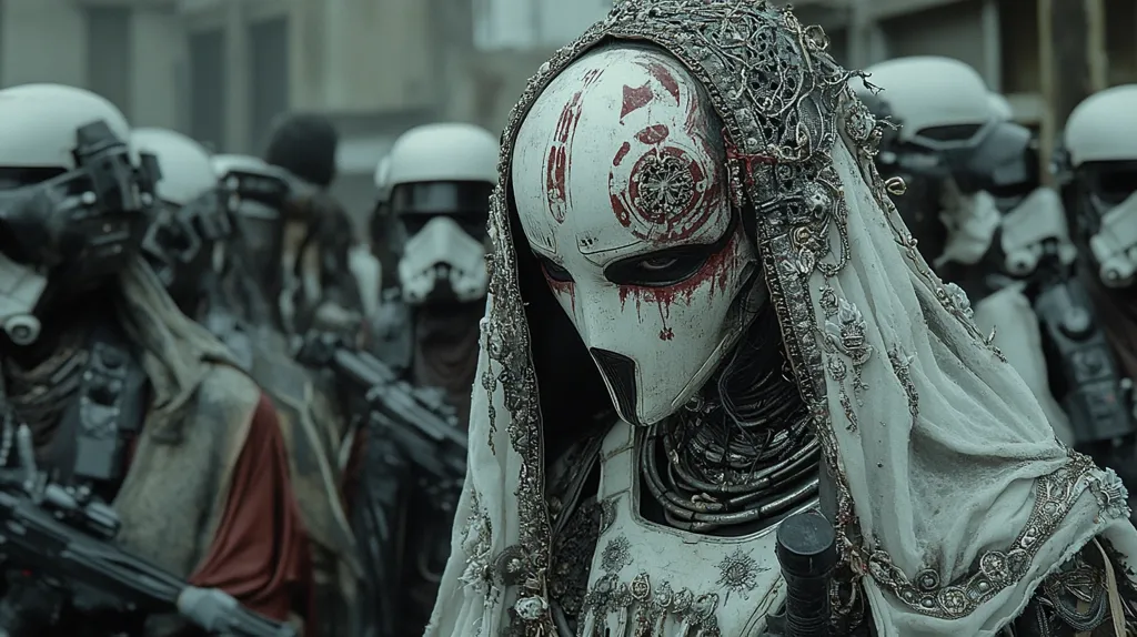 The image shows a central figure, a woman in a white, ornate veil and mask, adorned with metallic embellishments and bearing red markings, possibly blood.  She stands amongst a blurred backdrop of soldiers in white helmets and dark armor, carrying what appear to be rifles. The overall tone is dark and gritty, suggesting a dystopian or war-torn setting. The contrast between the ornate veil and the stark military setting creates a striking visual effect.  The scene evokes a sense of mystery and tension.
