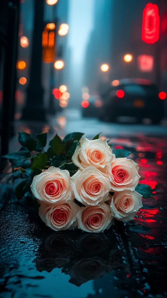 A bouquet of light pink roses, glistening with rain, rests on a wet city street.  The background is a blurred cityscape at night, with streetlights and the lights of cars creating a bokeh effect. The dark, wet asphalt reflects the roses and city lights, enhancing the romantic, melancholic mood. The overall image is moody, romantic, and slightly mysterious.