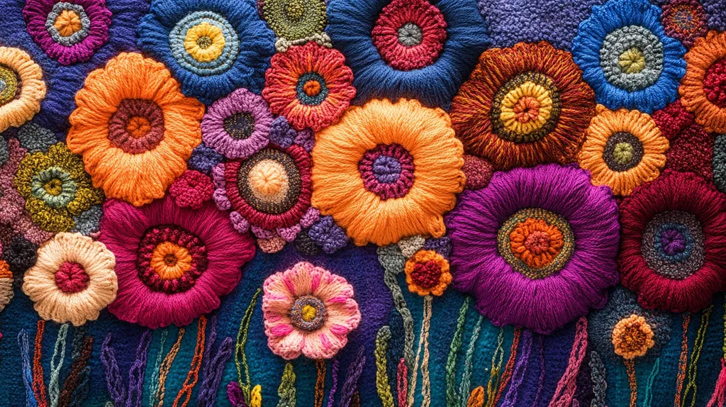 A vibrant tapestry of crocheted flowers bursts with color.  Large, intricately detailed blooms in shades of orange, pink, purple, and red dominate, surrounded by smaller, multicolored flowers.  The flowers are densely packed, creating a rich, textured effect.  They appear to be nestled amongst stylized, crocheted stems and foliage on a dark blue background, forming a lush, floral arrangement. The overall piece is a striking example of textile art.
