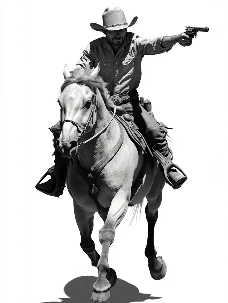 A black and white image depicts a cowboy on horseback, galloping at full speed.  The cowboy, wearing a traditional hat and attire, is aiming a revolver to his right.  The horse, light-colored, is captured mid-stride, its musculature tense with movement.  The scene is starkly contrasted, set against a bright white background, emphasizing the dynamism of the action. The overall impression is one of speed, precision, and classic Western imagery.