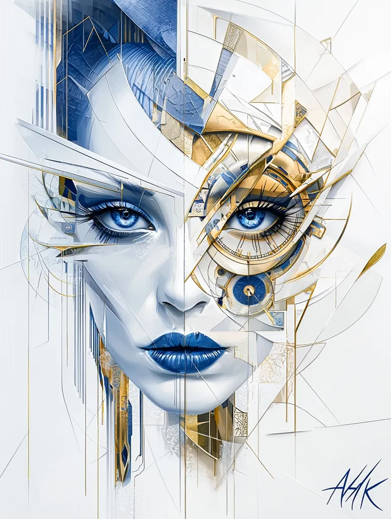 The artwork is an abstract portrait, seemingly of a woman's face, rendered in shades of white, blue, and gold.  Geometric shapes and lines intersect and overlap, creating a fragmented yet cohesive image.  One eye is distinctly realistic, while the other is partially obscured by clockwork-like elements, suggesting a blend of organic and mechanical forms.  The overall effect is one of intricate detail and a subtle blend of beauty and technology.  The artist's signature is visible in the bottom right corner.