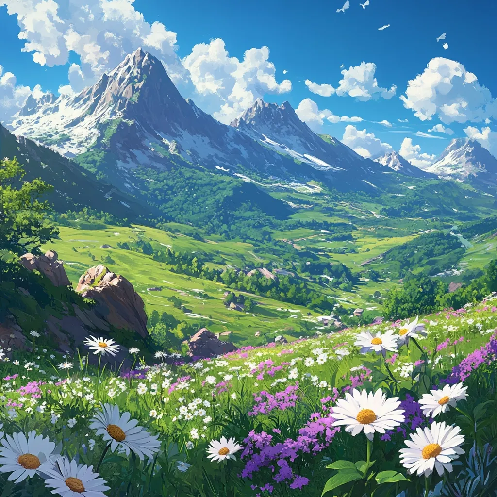 A vibrant digital painting showcases a breathtaking alpine landscape.  Snow-capped mountains rise majestically under a bright blue sky dotted with fluffy white clouds.  Rolling green hills, dotted with small trees and houses, descend towards a foreground bursting with wildflowers, primarily large white daisies and purple clusters, creating a beautiful contrast of color and texture. The overall scene evokes a sense of tranquility and idyllic beauty.