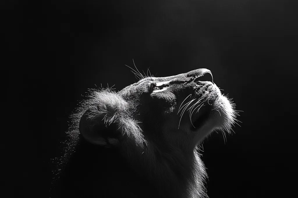 Here's a description of the image:

The photograph is a striking black and white close-up of a lion's head and neck, tilted upward.  The lion's face is brightly lit, highlighting its features—eyes, nose, and whiskers—in stark contrast to the dark, almost silhouetted background.  The mane is textured, showing individual hairs. The lighting creates a dramatic effect, emphasizing the lion's majestic posture and giving a sense of serenity or contemplation. The overall mood is one of power and elegance.