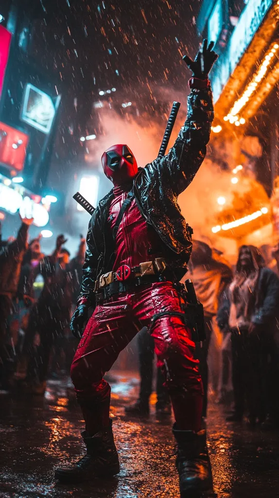 Here's a description of the image:

A striking image depicts Deadpool, the Marvel anti-hero, in a dynamic pose amidst a rain-soaked city street at night. He's dressed in his iconic red and black suit, a black leather jacket, and combat boots.  Two katanas are strapped to his back.  His arm is raised, as if in celebration or greeting, against a backdrop of vibrant neon lights and blurred, cheering onlookers. The rain adds to the dramatic effect, reflecting the city lights on the wet pavement. The overall mood is energetic and action-packed, capturing Deadpool's rebellious spirit.