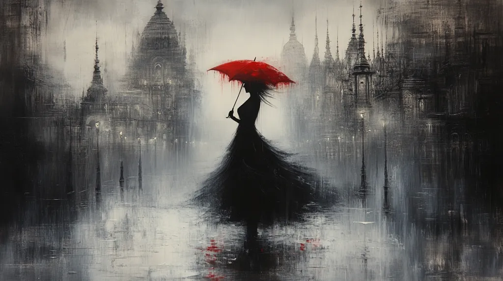 A woman in a flowing black dress holds a vibrant red umbrella in a somber, grayscale cityscape.  The architecture is gothic and imposing, the sky overcast. The scene is evocative of a melancholic mood, the red umbrella a stark contrast to the muted tones of the background.  The paint style is textural and expressive, emphasizing atmosphere and emotion rather than precise detail.  The reflection of the woman in a puddle adds to the dreamlike quality of the painting.