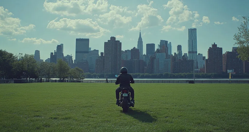 A lone motorcyclist sits on their bike, facing away from the camera, on a grassy field.  The backdrop is a stunning view of the New York City skyline under a partly cloudy sky. The city's skyscrapers and buildings stretch across the horizon, creating a dramatic contrast with the tranquil green space in the foreground.  The overall scene is peaceful yet visually striking.