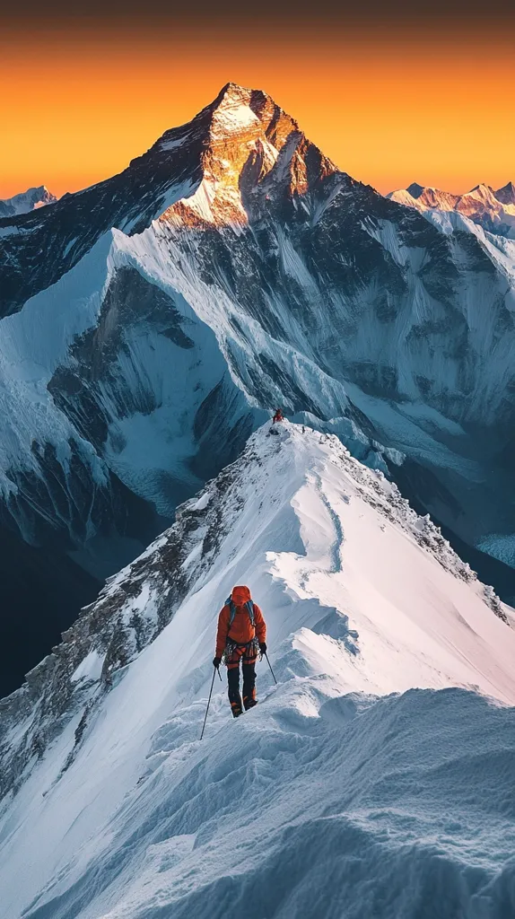 A lone mountaineer in bright orange gear ascends a snow-covered ridge, trekking poles in hand.  The climber's silhouette is stark against the vast, snow-capped Himalayas bathed in the warm hues of a setting sun.  The majestic peaks, illuminated by the golden light, create a breathtaking backdrop of immense scale and rugged beauty.  Other climbers are visible in the distance, further emphasizing the challenging terrain.