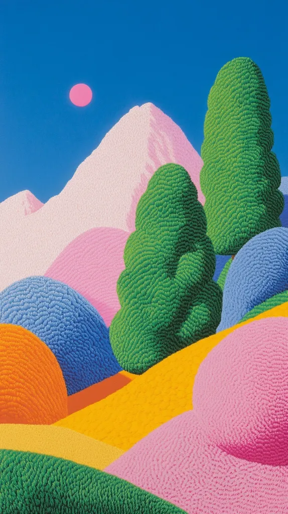 This vibrant artwork depicts a stylized landscape under a bright blue sky.  A large, pale pink mountain dominates the center, surrounded by smaller, brightly colored hills in shades of pink, blue, orange, and green.  Two prominent green trees stand out against the pastel-toned background.  A single, small pink sun is visible in the sky, adding to the surreal and dreamlike quality of the piece. The textured style suggests a pointillist or stippled technique, giving the scene a unique tactile appearance.