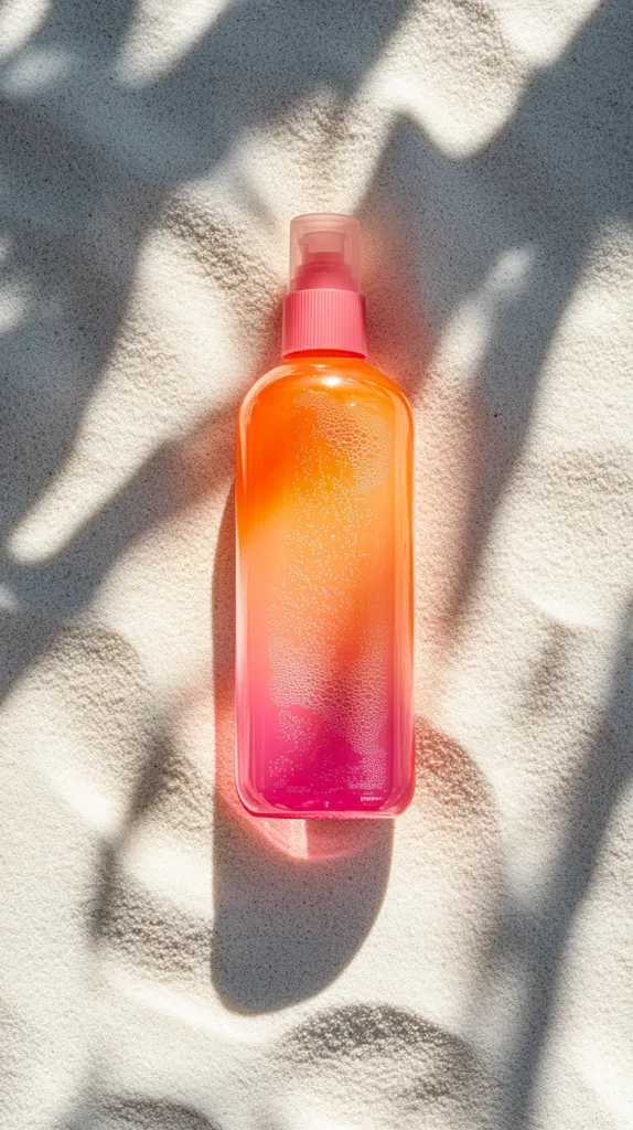 A bottle of sunscreen sits on a sun-drenched beach. The bottle is rectangular with a pink and orange ombre effect.  The sand is fine and white, with shadows cast by unseen objects creating a textured, dappled surface. The scene evokes a summery, tropical vacation atmosphere.  The bottle's design is simple and modern, suggesting a high-end product.
