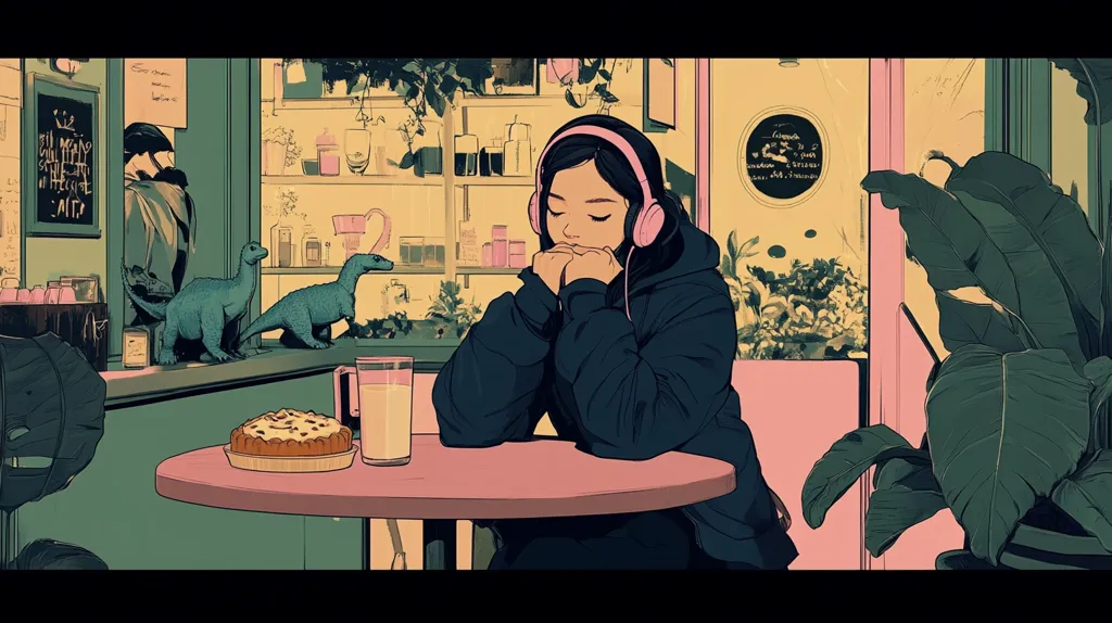 A young woman with pink headphones sits alone at a small table in a quaint cafe.  She rests her chin on her hands, appearing pensive.  A glass of milk and a pastry sit before her. The cafe's interior is stylized with muted greens and pinks, featuring shelves stocked with various items, and large potted plants.  Two small dinosaur figurines are visible on the counter behind her, adding a quirky touch to the scene.  The overall mood is calm and introspective.