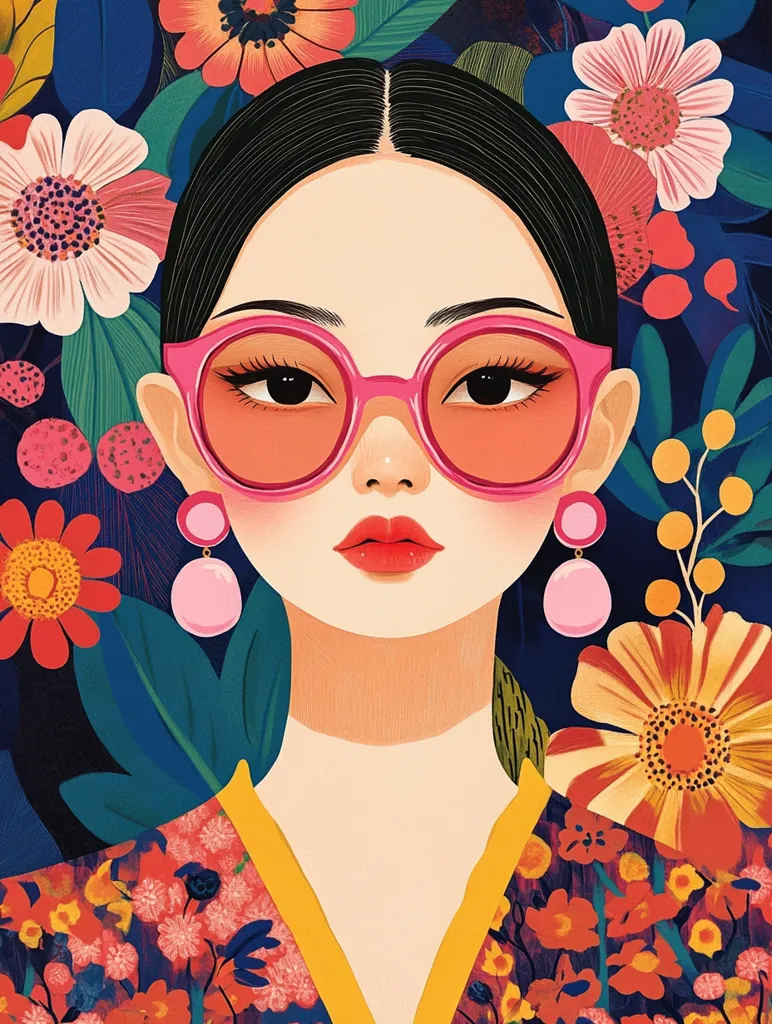 Here's a description of the image:

The illustration showcases a stylized portrait of a young woman, her dark hair pulled back neatly. She wears large, round, pink sunglasses and matching pink drop earrings. Her expression is serene, and her lips are painted a bold red. She's adorned in a vibrant floral kimono, rich with red, orange, and yellow blossoms against a dark background. The surrounding floral elements are equally bold and colorful, creating a lush, almost tropical feel. The overall style is digitally rendered, with a smooth, slightly glossy finish. The image has a modern, fashionable aesthetic with a touch of vintage flair.