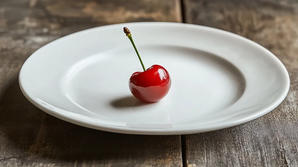 A single, ripe red cherry sits on a pristine white plate.  The cherry's stem is upright, and its glossy surface reflects light. The plate rests on a rustic, dark brown wooden surface. The simplicity of the scene creates a stark contrast between the vibrant red of the cherry and the neutral tones of the plate and background. The image suggests a sense of minimalism or perhaps a focus on a small, perfect detail.