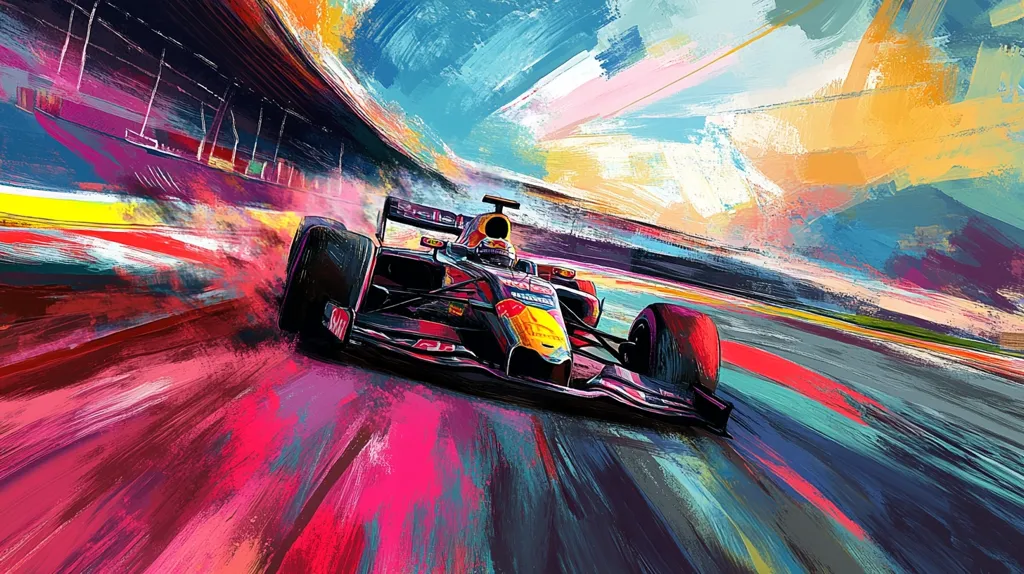 Here's a description of the image:

The artwork is a vibrant, expressive painting of a Formula 1 race car in motion.  The car, predominantly dark with red and yellow accents, is depicted speeding along a track, its blurred form suggesting high velocity.  The background is a whirlwind of bold, colorful brushstrokes in blues, reds, oranges, and yellows, capturing the dynamism of the race.  The artist's style is impressionistic, prioritizing the feeling of speed and energy over photorealistic detail. The overall mood is exciting and exhilarating.