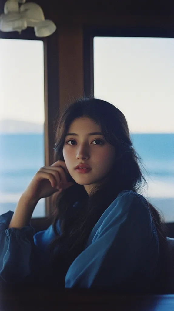 Here is a description of the image:

A young woman with long dark hair sits by a window, her gaze directed slightly away from the camera. She's wearing a loose-fitting, powder blue long-sleeved top. Her hand rests gently on her face, her expression serene and contemplative. The window reveals an ocean view, the water a calm blue under a soft sky. The room is dimly lit, giving the image a moody, atmospheric feel.  The overall style suggests a portrait with a focus on the subject's mood and beauty.
