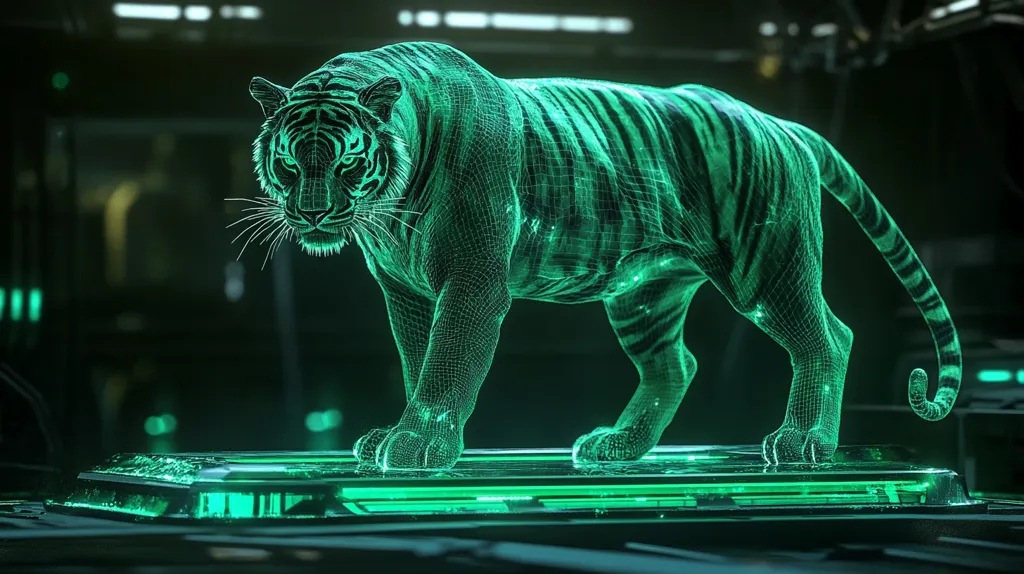 A digital rendering depicts a tiger constructed of glowing green wireframe lines, standing on a futuristic, transparent platform with neon green edges. The tiger, rendered with meticulous detail, exhibits a lifelike pose and texture, despite its digital nature.  The background is dark and indistinct, suggestive of a technological or sci-fi setting. The overall effect is striking, combining natural imagery with advanced digital artistry.
