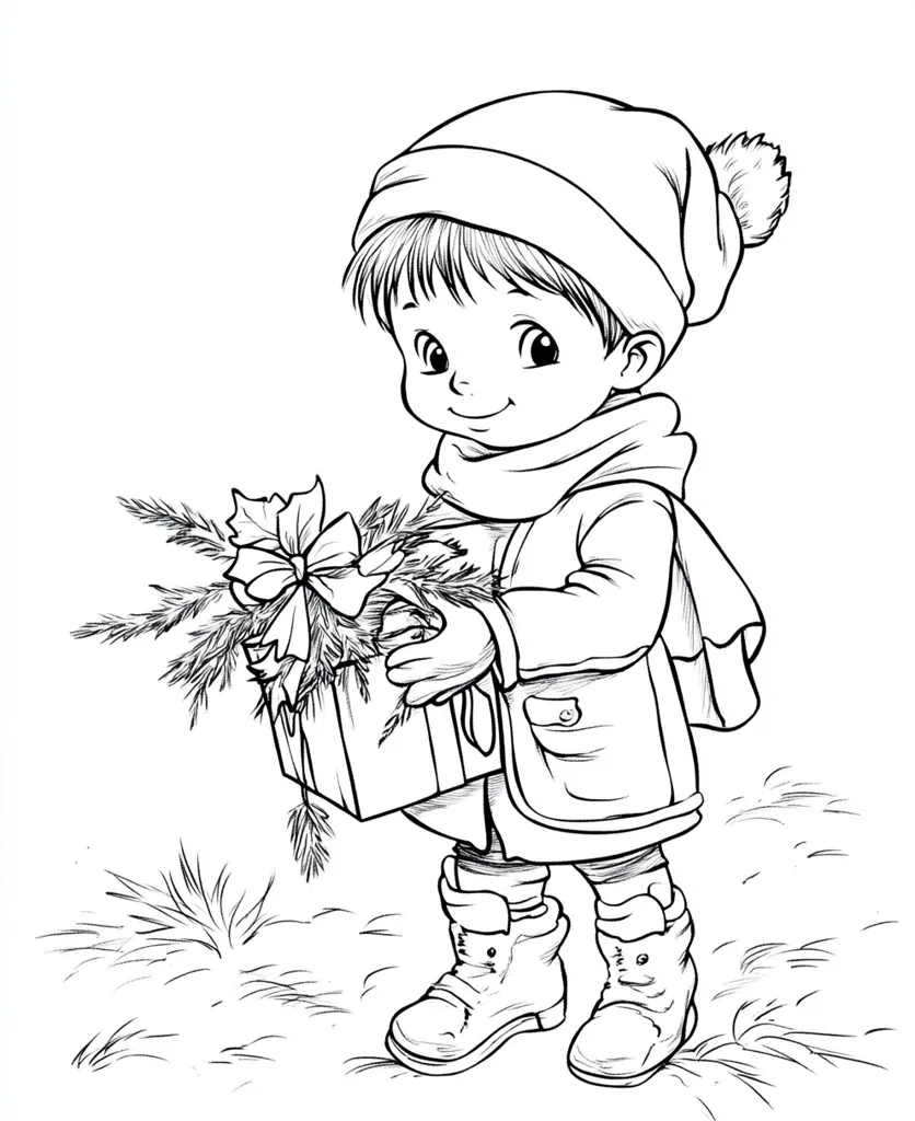 Here's a description of the image:

The illustration shows a cute, young child, likely a boy, dressed in winter attire. He wears a knit hat with a pom-pom, a scarf, and a warm coat. The child is carrying a gift box adorned with a sprig of evergreen and a large bow. The scene is set outdoors, with lightly sketched grass at the bottom.  The style is reminiscent of a coloring book page, with simple linework and no shading. The child's expression is cheerful, suggesting a festive and joyful mood, likely related to Christmas or a similar winter holiday.