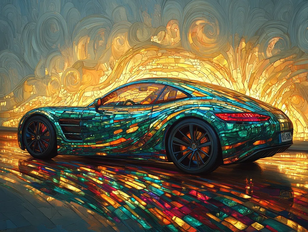 Here's a description of the image:

The artwork depicts a teal sports car, rendered in a style reminiscent of stained glass.  The car's body is composed of numerous small, multicolored tesserae, creating a mosaic effect.  It's positioned slightly angled, showcasing its sleek design against a vibrant backdrop. This background features swirling, impasto-like brushstrokes of warm yellows and oranges, contrasting with cooler blues and grays,  evoking a sense of motion or energy. The car's reflection is mirrored on the ground, continuing the stained-glass aesthetic. The overall effect is a striking blend of realism and artistic expression.