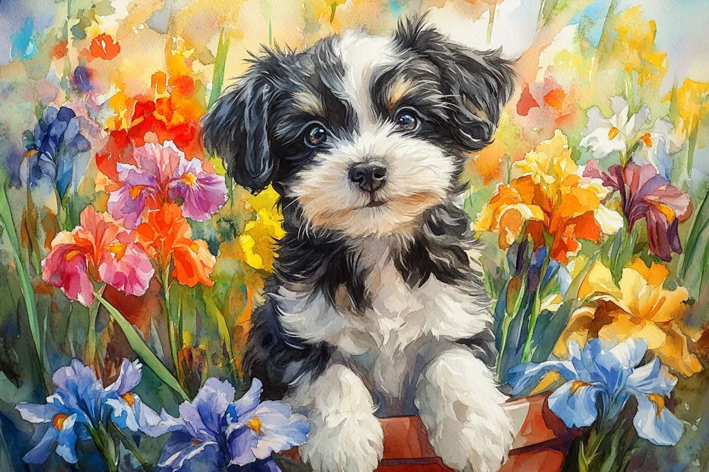 A watercolor painting depicts a fluffy black and white puppy nestled in a terracotta pot overflowing with vibrant irises.  The puppy, with large, expressive eyes, sits calmly amidst a profusion of colorful blossoms in shades of orange, pink, purple, yellow, and blue.  The artist uses soft, blended watercolors to create a joyful, spring-like scene. The overall effect is one of cheerful warmth and springtime beauty.