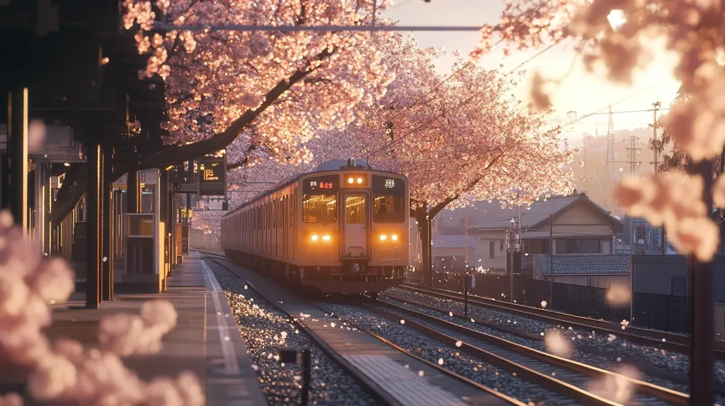 A charming Japanese train station scene unfolds at sunset.  A local train, illuminated with warm interior lights, approaches the platform.  Cherry blossoms, in full, delicate bloom, frame the train and station, their pink petals drifting gently onto the tracks.  The soft, golden light enhances the serene and picturesque atmosphere, evoking a feeling of tranquility and the beauty of spring.  The image suggests a peaceful moment in a quiet Japanese town.