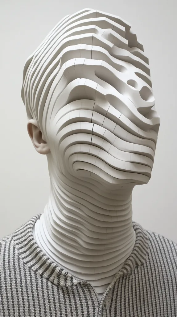 Here's a description of the image:

The photograph shows a close-up view of a striking modern sculpture.  The sculpture is a stylized human head and neck, crafted from what appears to be white plaster or a similar material.  The head's surface is composed of numerous, thin, layered, horizontal sections, creating a wave-like, almost fractured effect. The layers are subtly offset, obscuring the face almost entirely. The sculpture wears a simple, horizontally striped sweater, providing a contrast between the smooth, layered texture of the head and the knit fabric of the clothing. The overall aesthetic is minimalist and somewhat unsettling due to the obscured face.