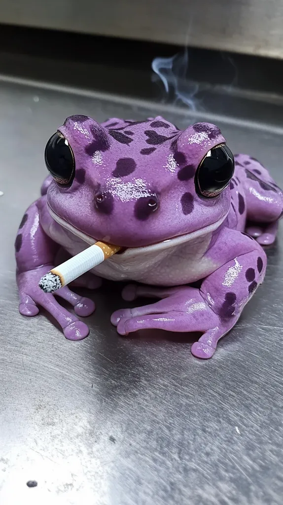 Here's a description of the image:

Close-up view of a vibrant purple frog, seemingly artificial or digitally enhanced, with dark purple spots.  Its large, expressive eyes are prominent. The frog holds a lit cigarette in its mouth, with a wisp of smoke visible. It sits on a metallic, brushed-steel surface. The overall impression is surreal and slightly humorous.