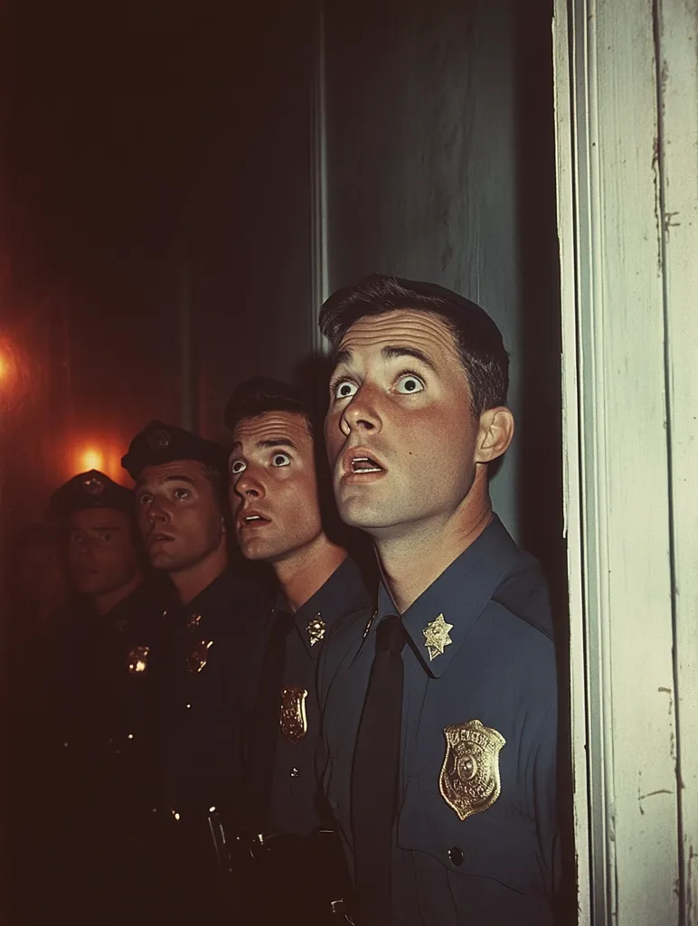 Four police officers in dark blue uniforms stand in a dimly lit hallway, their gazes directed upwards with expressions of surprise or alarm.  The focus is on the officer closest to the viewer, his wide eyes and open mouth conveying a sense of shock.  The other officers mirror his surprise, creating a collective sense of anticipation or unease.  The scene is evocative of a moment of tension or sudden, unexpected event.