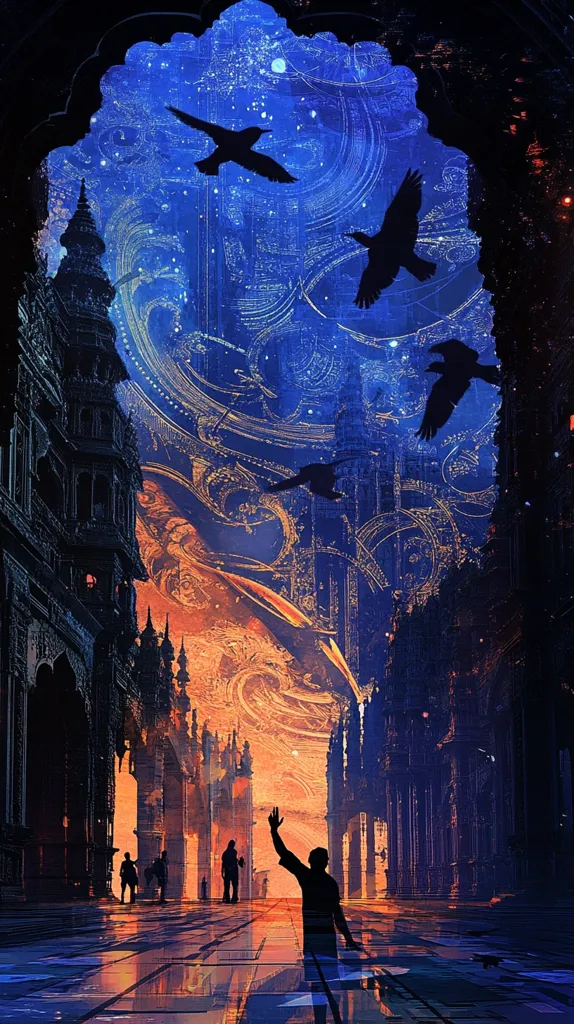 Here's a description of the image:

The artwork depicts a surreal, almost dreamlike cityscape at twilight.  Dark, gothic-style architecture lines a wide street, leading the eye towards a vibrant, swirling celestial body dominating the background.  Four black birds are silhouetted against this cosmic backdrop. A lone figure stands in the foreground, arm raised in a gesture of awe or wonder, while several smaller figures are visible further down the street.  The overall mood is mysterious and awe-inspiring, blending elements of fantasy and science fiction. The style is painterly, with visible brushstrokes and a strong contrast between dark architecture and bright, swirling colors in the sky.
