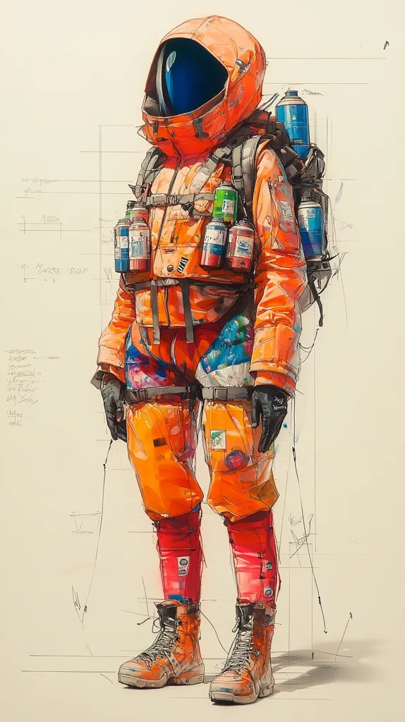 The illustration depicts a futuristic astronaut, clad in a vibrant orange spacesuit adorned with patches and various canisters.  The suit appears weathered and practical, suggesting a journey or mission.  The astronaut wears high-top boots and the helmet has a dark visor, creating a mysterious air.  Technical sketches and grid lines overlaid on the figure suggest design development or blueprint. The overall style blends realism with a stylized, almost graffiti-like aesthetic.