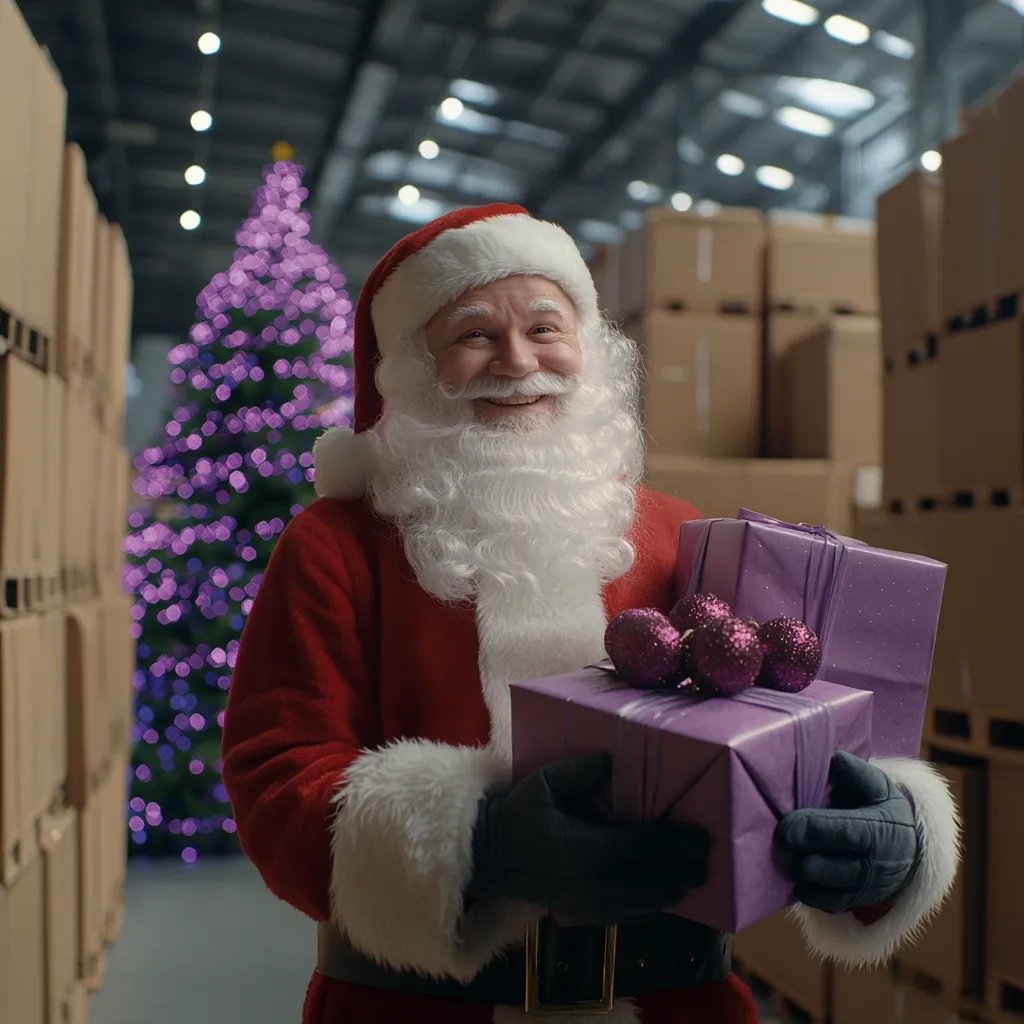 A jolly Santa Claus, beaming with mirth, stands in a warehouse. He's holding two elegantly wrapped purple presents, adorned with shimmering ornaments. A brightly lit purple Christmas tree forms a blurred backdrop, suggesting a festive atmosphere.  Cardboard boxes stack high around him, implying a busy pre-Christmas environment. The overall impression is one of cheerful preparation for the holiday season.