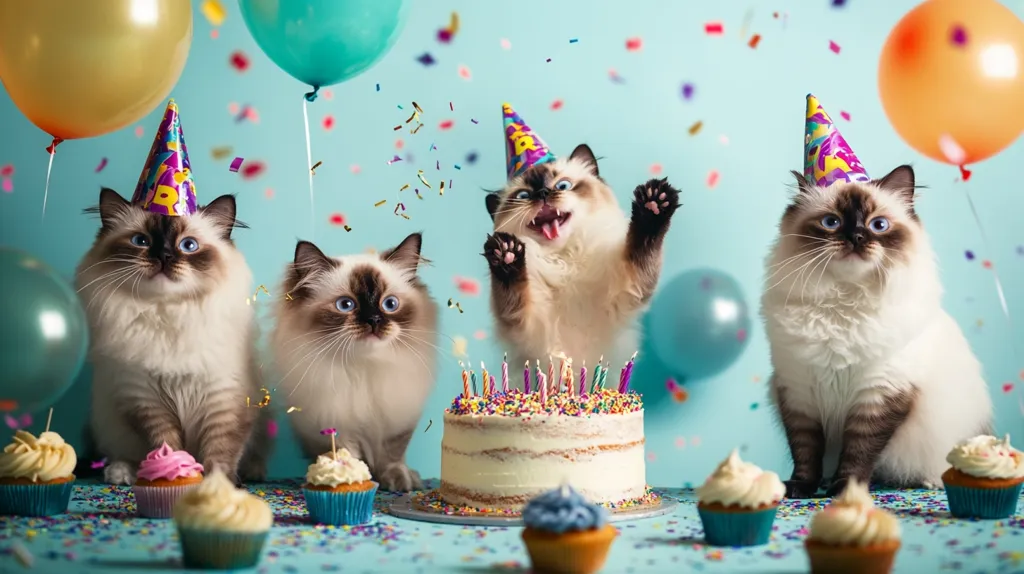 Four Ragdoll kittens celebrate a birthday amidst a festive scene.  They wear party hats and are surrounded by balloons, cupcakes, and a multi-layered cake with lit candles.  Confetti rains down as one kitten playfully leaps, adding to the joyous, celebratory atmosphere.  The light blue background enhances the bright colors of the decorations.