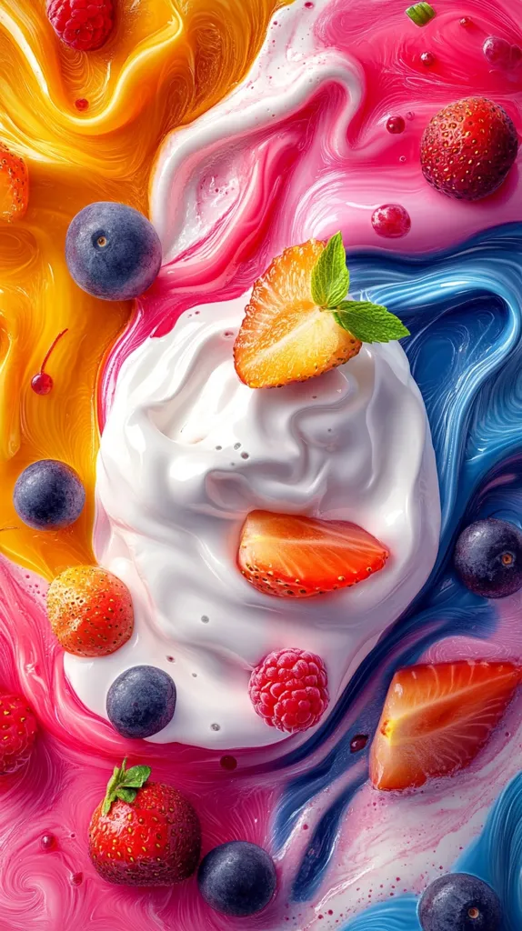 A vibrant, swirling mix of orange, pink, and blue colors forms the backdrop for a creamy white substance.  Various fresh berries and strawberry slices are artfully arranged within the swirls.  The image is highly saturated, giving it a playful, almost surreal quality.  Blueberries, raspberries, and strawberries are prominently featured, adding pops of red and deep blue against the lighter, creamier central mass. The overall effect is one of delicious, vibrant chaos.