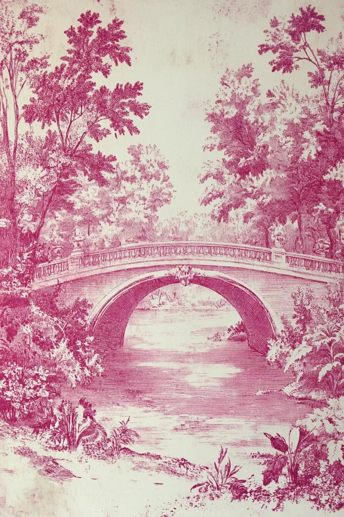Here's a description of the image:

The image is a pink-toned print depicting a serene landscape. A stone arch bridge, detailed with balustrades and ornate detailing, spans a calm body of water. Lush, detailed trees frame the scene, their branches extending across the top and sides of the image, creating a sense of enclosure.  The water beneath the bridge is rendered with delicate lines suggesting gentle movement.  The overall style is reminiscent of a classical pastoral scene, with a focus on the beauty of nature and architecture in harmonious balance.  The background is a light, off-white tone which provides a subtle contrast to the vivid pink of the landscape.