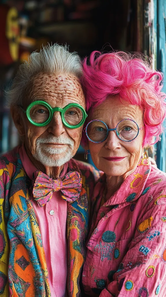 Here's a description of the image:

Close-up view of an elderly couple, affectionately embracing. The man has short, gray hair and wears bright green round glasses, a pink shirt, and a vibrant, multicolored patterned jacket with a similarly patterned bow tie.  His face is etched with wrinkles and age spots.  The woman boasts a vibrant pink bouffant hairstyle and wears blue-rimmed glasses, a pink embroidered jacket, and delicate earrings.  Her smile is warm and genuine.  The backdrop is blurred but suggests a bohemian, possibly artistic, indoor setting.  The overall impression is one of joy, vibrancy, and the enduring strength of a loving relationship.