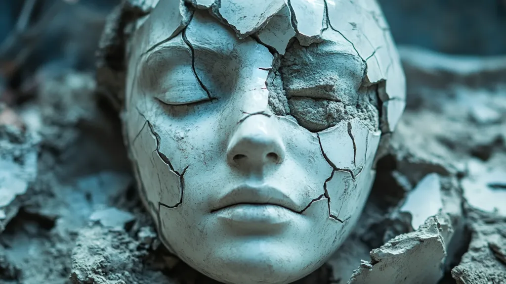 Here is a description of the image:

Close-up view of a weathered, cracked sculpture of a woman's face.  The sculpture is predominantly light gray or white, with extensive cracks running across its surface, resembling aged or damaged clay or stone.  The cracks are deep and reveal a slightly darker material beneath.  The woman's eyes are closed, and her expression appears serene despite the damage.  The sculpture is partially embedded in a pile of crumbled, similarly colored material, suggesting destruction or decay. The overall mood is somber and evocative.