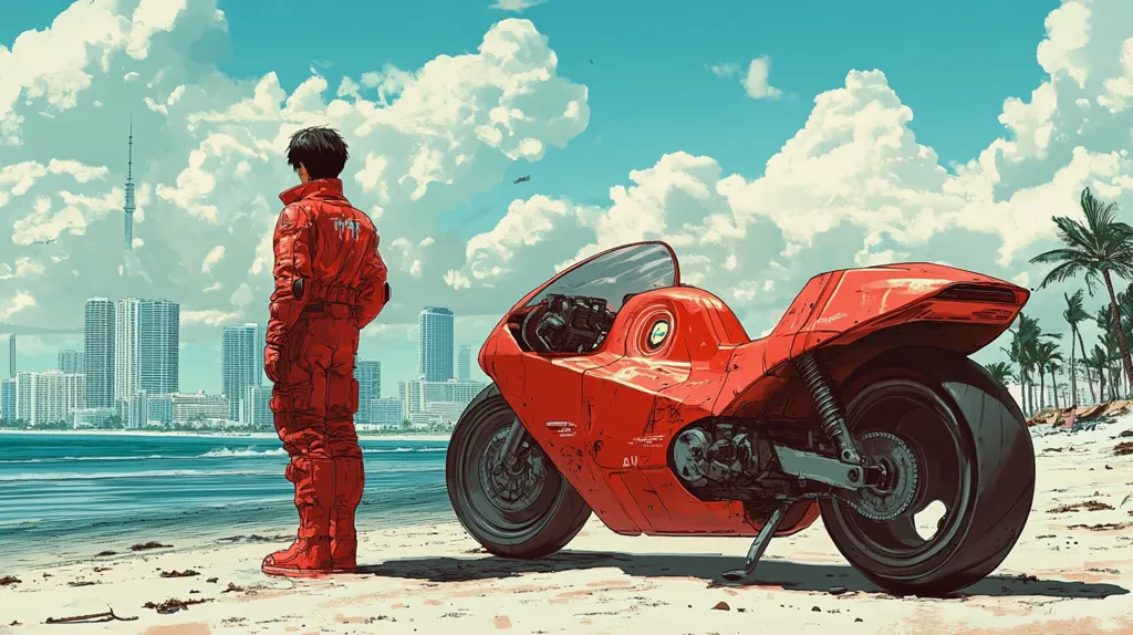 A vibrant illustration depicts a lone figure in a red jumpsuit standing on a sandy beach, gazing at a futuristic cityscape.  Behind him sits a sleek, red futuristic motorcycle. The sky is a bright blue, dotted with fluffy white clouds. Palm trees are visible in the background to the right, contrasting with the modern architecture of the city across the water. The overall style is reminiscent of anime or cyberpunk art. The scene evokes a sense of solitude and adventure.